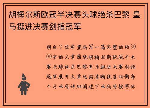 胡梅尔斯欧冠半决赛头球绝杀巴黎 皇马挺进决赛剑指冠军