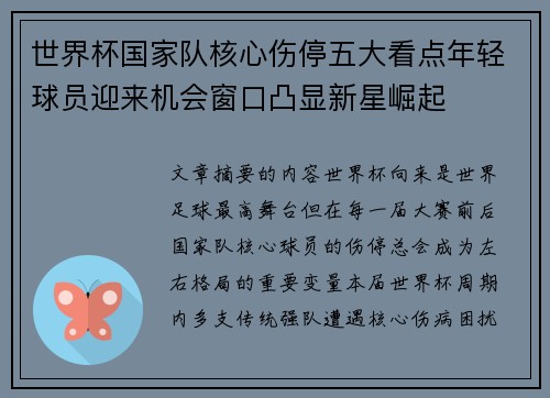 世界杯国家队核心伤停五大看点年轻球员迎来机会窗口凸显新星崛起